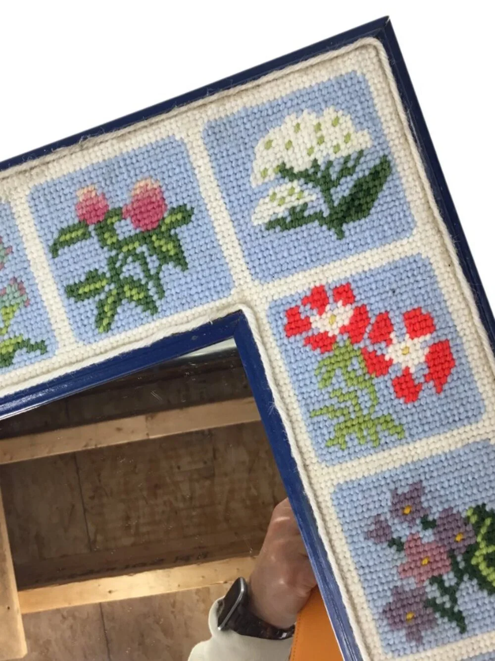 Vtg Finished Framed Needlepoint Wall Mirror Flowers Floral 23 x 16.5 Handmade